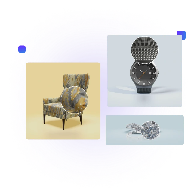 Collage of 3D Sofa, 3D Watch and 3D Ring